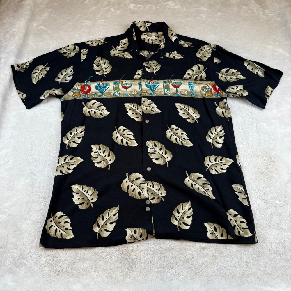 UBC Mens Hawaiian Shirt Medium Rayon Black Leaf Cocktail Tropical‎ Vacation